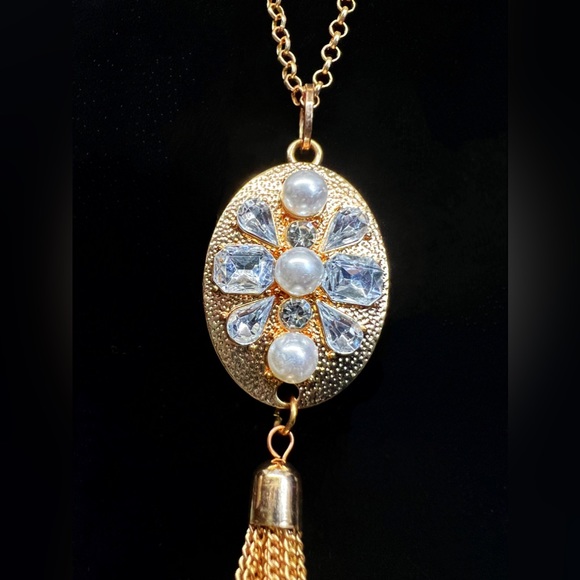 Opera Length Rhinestone & Faux Pearl Chain Tassel Pendant Necklace - Picture 2 of 5